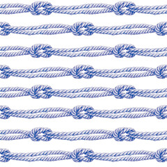 Seamless pattern of rope cords with knots. Hand drawn illustration. Hand painted blue elements on white background. For decor, stationery, crafting, fabric, wallpaper, wrapping. © Nataliia