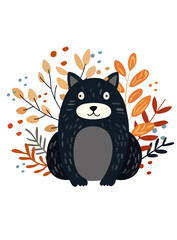 Cute forest wolf with Christmas tree behind, wild berries and leaves. Woodland animals. Perfect for web, banner, card, poster. Vector illustration.