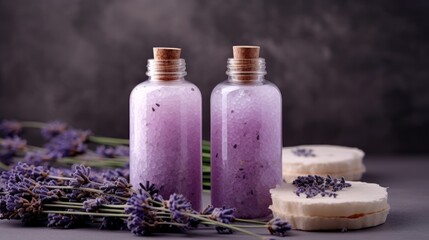 Obraz na płótnie Canvas Aromatherapy Lavender Bath Salt and Massage Oil. AI generated