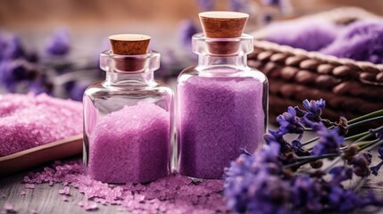 Fototapeta na wymiar Spa Setting with Aromatherapy Lavender Bath Salt and Massage Oil. AI generated