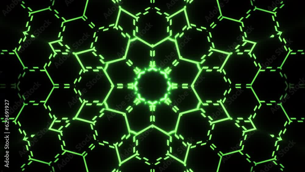 Poster neon mesh pattern with hexagons and moving lines. motion. floral luminous pattern with moving lines.
