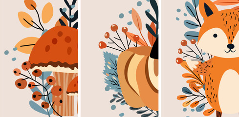 Seasonal autumn, banners with mushroom, pumpkin, colorful leaves, cute fox, berries. Perfect for online use, banners, cards, and Thanksgiving decor. Vector illustration