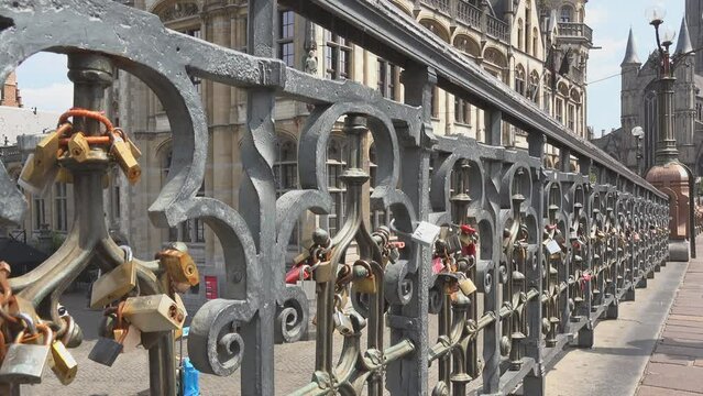 Love locked forever, padlocks on St Michael's Bridge in Ghent, Belgium