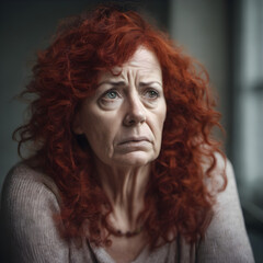 55 year old woman with red curls looks worried and thoughtful, genrative AI