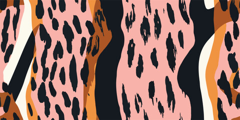 Modern striped leopard skin seamless pattern. Hand drawn trendy abstract print. Creative collage seamless pattern. © Eli Berr