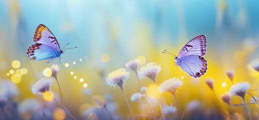 Macro of beautiful butterfly flying near flowers in spring at sunrise on light background. Banner, copy space