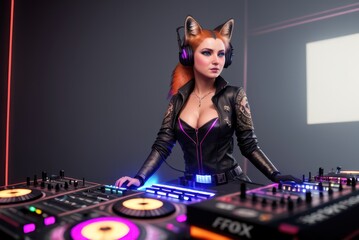 Anthropomorphic fox DJ. Female humanlike red fox sensual young glamour dj lady with bright make-up...