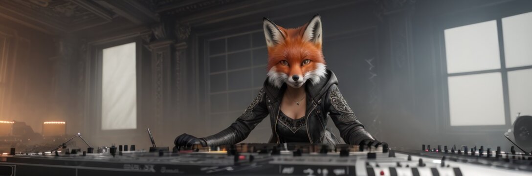 Anthropomorphic fox DJ. Female humanlike red fox sensual young glamour dj lady with bright make-up and black leather jacket stay and dance at table with mixer console in night club indoor . Banner