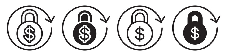Fixed Income symbol Icon. Vector sign of return on fix investment or lock the money in bank for safe. Secure fund in saving account in bank. Dollar sign with padlock web app ui mark