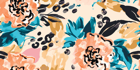 Trendy contemporary floral seamless pattern with leopard print. Fashionable template for design. Soft feminine pastel palette. © Eli Berr