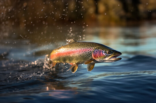 Rainbow trout fish jumping out of river water created with Generative AI technology