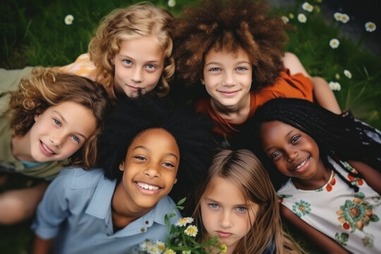 A group of children from different ethnic,races, backgrounds enjoy together in a field, showing that multiculturalism is an opportunity to learn and grow