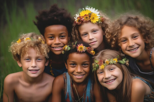 A group of children from different ethnic backgrounds enjoy together in a field full of flowers, promoting inclusion and racial tolerance
