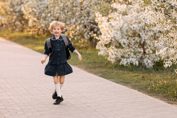 Rear view of a young blonde schoolgirl in uniform with a backpack walking to school in the park.