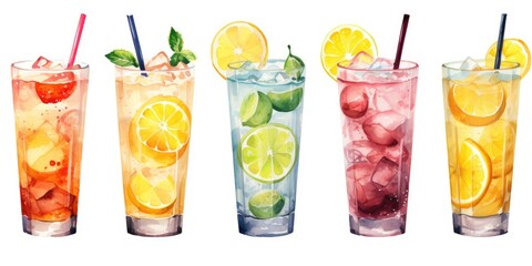 Set of lemonades on a white background, watercolor. Generative AI