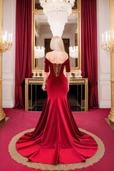 Beautiful blonde woman in a luxurious long evening red dress in the palace. Princess clothes.Creative designer fashion glamour art. © vladnikon