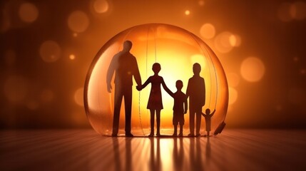 family silhouettes family with children under an protection on a black background with space for text. 