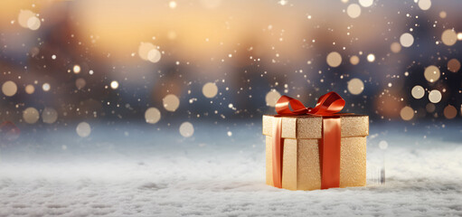 Gold gift box with red ribbon on snow on bokeh lights background