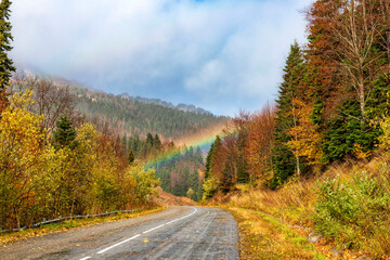 Fototapeta na wymiar Rainbow over the autumn forest in the mountains of the Republic of Adygea