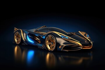 non-existent car of the future with streamlined shapes made of gold and precious stones on a dark background.jewelry. 