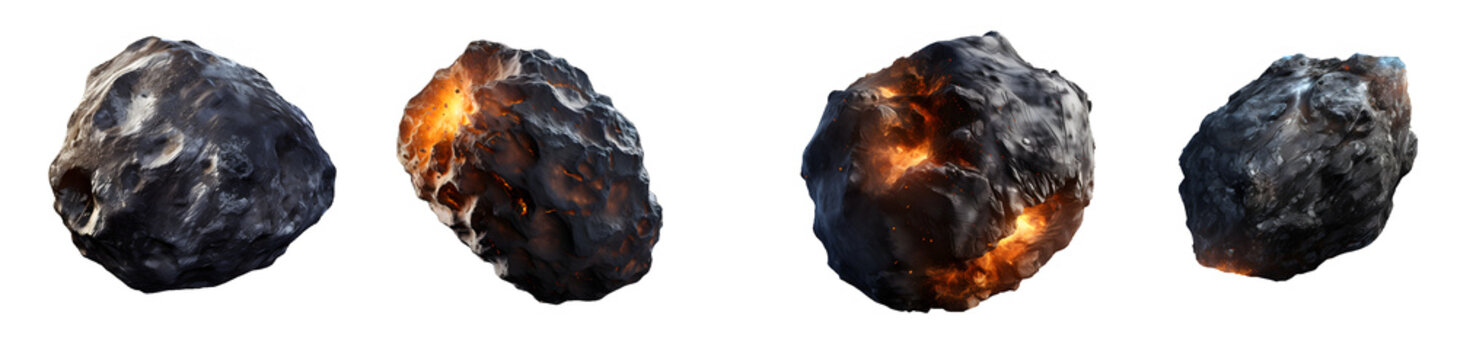Set of asteroids, stone isolated on transparent white background