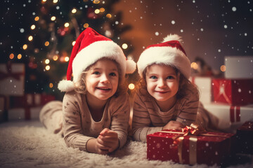 Fototapeta na wymiar two happy kids in winter outfit near Christmas tree at home. new year concept