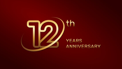 Fototapeta na wymiar 12th anniversary logo design in gold color isolated on a red background, logo vector illustration