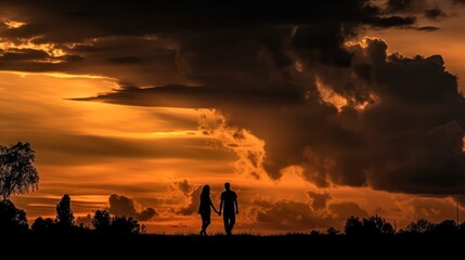 Fototapeta na wymiar silhouettes couple holding hands at sunset. Generative AI