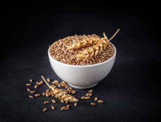 Wheat grains in white bowl and whole wheat ears, close up. Heap of the farro wheat on black background. Cereals seeds with gluten proteins for bread ingredients in food industry.
