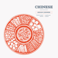 Chinese Dish Illustration. Vector Hand Drawn Isolated Hot Pot. Vintage Style Asian Food Illustration.