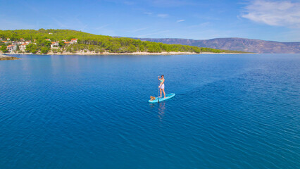 AERIAL: Scenic coast and blue sea water surrounding pretty lady and a dog on SUP