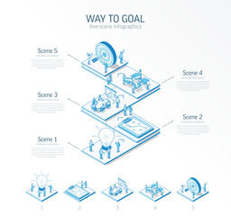 3d line isometric way to goal infographic template. Development process presentation layout. 5 option steps, process parts, growth concept. Business people team. Strategy, market success solution icon - 629696365