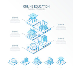3d line isometric online education infographic template. elearning platform presentation layout. 5 option steps, process parts, growth concept. Business people team. Distance university service icons - 629696587