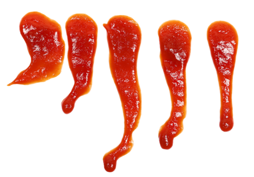 Red ketchup splashes isolated on white background, tomato puree texture