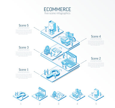 3d line isometric ecommerce infographic template. Online shop, customer journey presentation layout. 5 option steps, process parts growth concept. Business people team. Market consumer experience icon