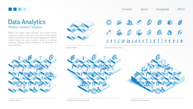 Big data analytics modular isometric constructor. Seamless pattern base, line icon, character set. Develop, growth up stairs, teamwork concept. Seo tech, report, analysis platform. Business infograph