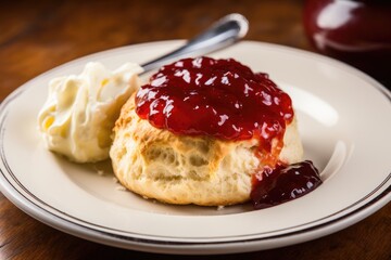 A freshly baked British scone with cream and red jam on a plate.