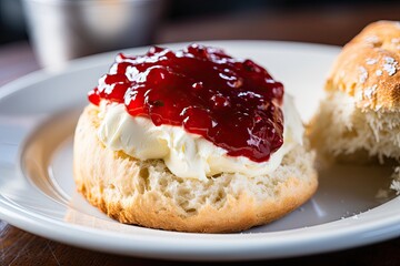 A freshly baked British scone with cream and red jam on a plate.