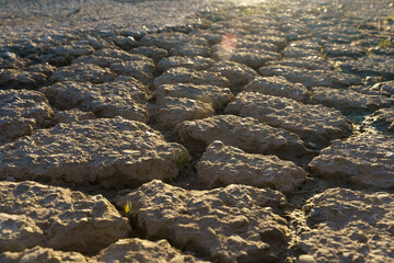 Close-up of an old road with cracks and damage.