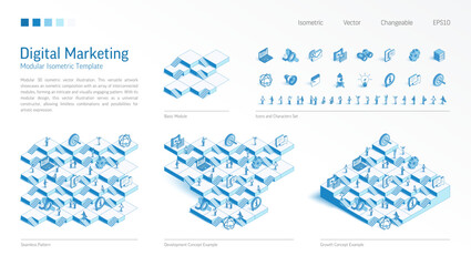 Digital marketing modular isometric constructor. Seamless pattern base, line icon, character set. Develop, growth up stairs, teamwork concept. Advertising strategy, seo platform. Business infograph