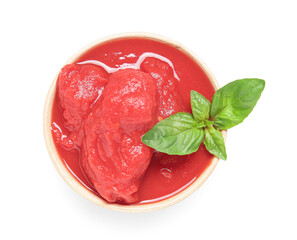 Bowl of canned tomatoes isolated on white background