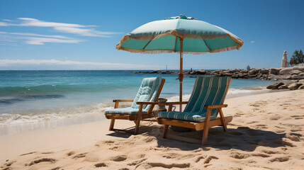 Fototapeta premium two loungers, one beach umbrella on white sand near sea water. Generative AI