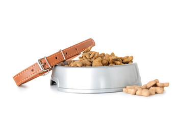 Bowl of dry pet food and leather collar on white background