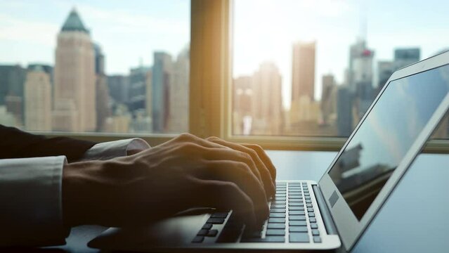Modern city office computer desk workplace window view