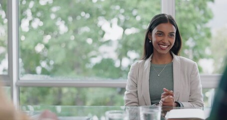 Business woman, handshake and interview thank you with success and agreement in office. Happy, hiring and female professional at company with motivation and shaking hands with job introduction