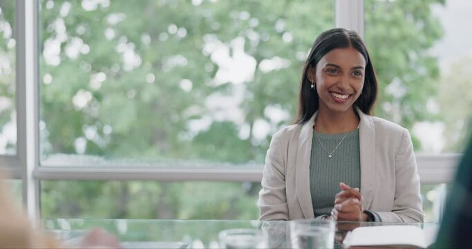 Business woman, handshake and interview thank you with success and agreement in office. Happy, hiring and female professional at company with motivation and shaking hands with job introduction