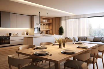 Fototapeta na wymiar A modern kitchen and dining area. The kitchen has white cabinets and a large island with a sink and a cooktop. The dining area has a wooden table a vase of flowers in the center