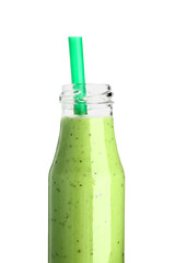 Bottle of fresh kiwi smoothie on white background