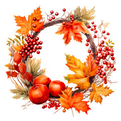 Wicker wreath decorated with autumn leaves and autumn berries .drawing on white background. copy space