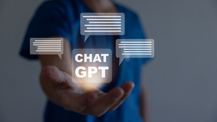 Chat GPT Chat with AI, Artificial Intelligence. Man using technology smart robot AI, artificial intelligence by enter command prompt for generates something, Futuristic technology transformation.